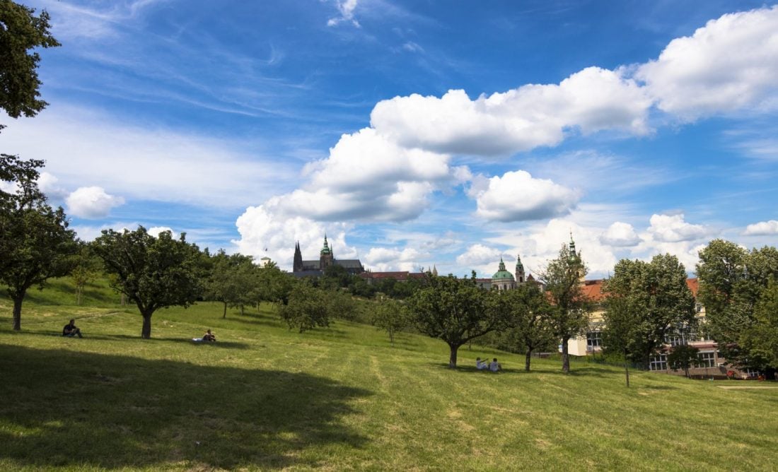 Views of Prague Castle on a spring day in Petrin Park, Prague