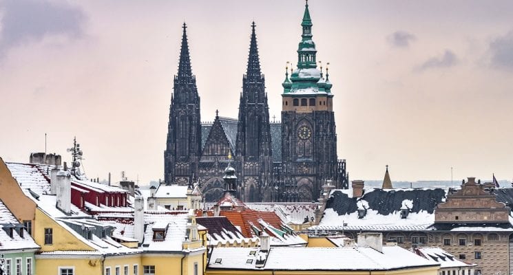 Snow on the rooftops in Mala Strana and Prague castle - A snow day in Prague
